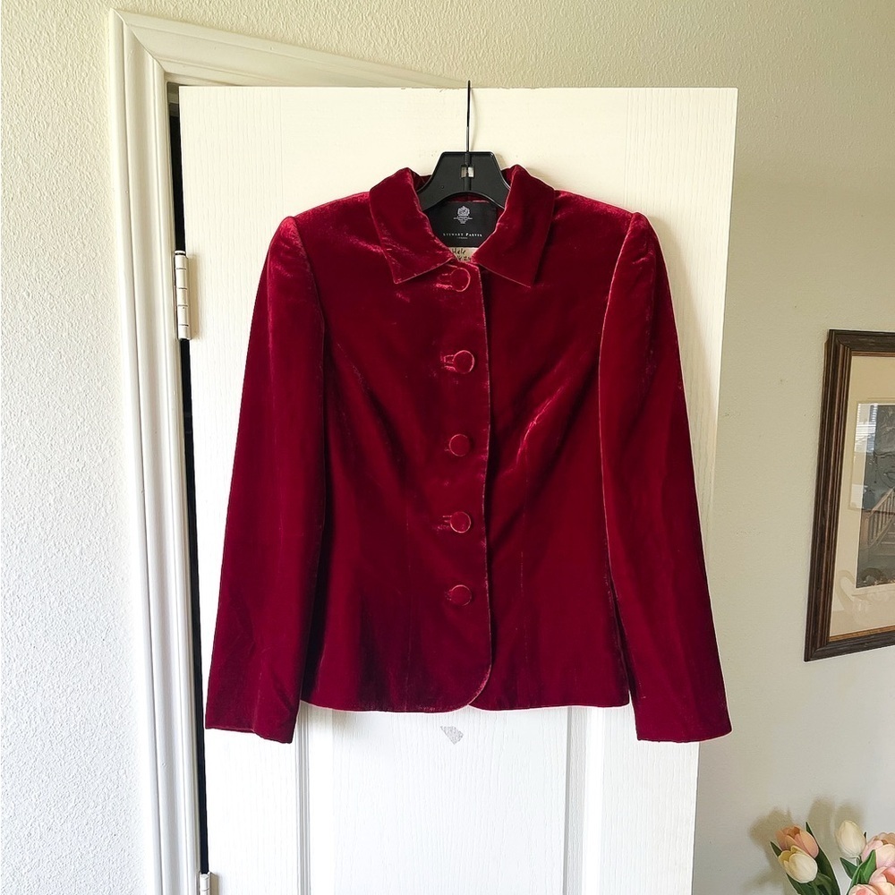 Stewart Parvin Velvet Button Jacket Red Silk Blend Tailored Size Small‎ EUC